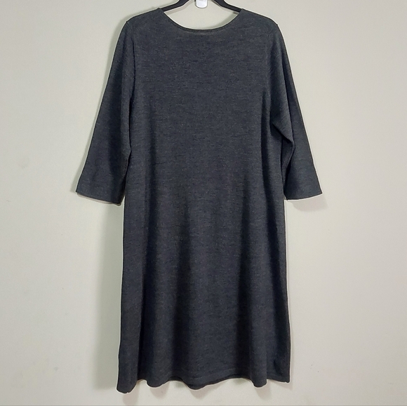 Eileen Fisher 100% Merino Wool Midi Sweater Dress Large Gray V-Neck Drawstring - Picture 2 of 9